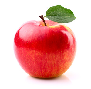 Close-up of a red apple with a leaf on the stem